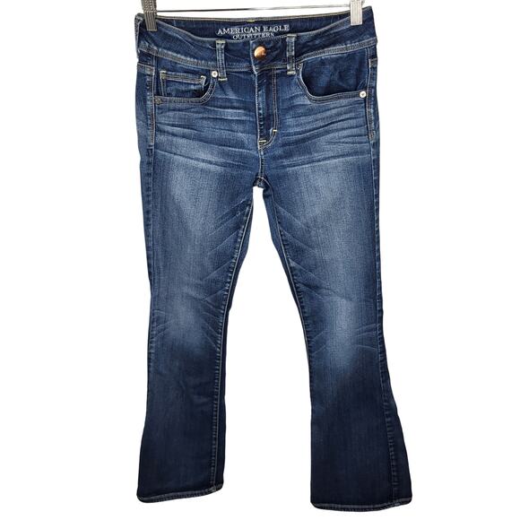 American Eagle Kick Boot Super Stretch Bootcut Jeans Dark Medium Wash Mid Rise 8 - Picture 1 of 10